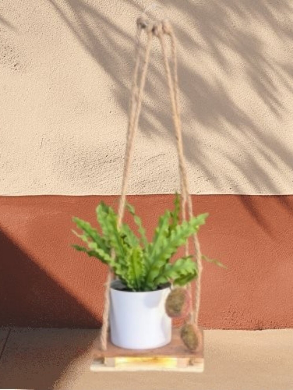 Natural Rope Hanging Shelf with Rubber Plant In White Planter